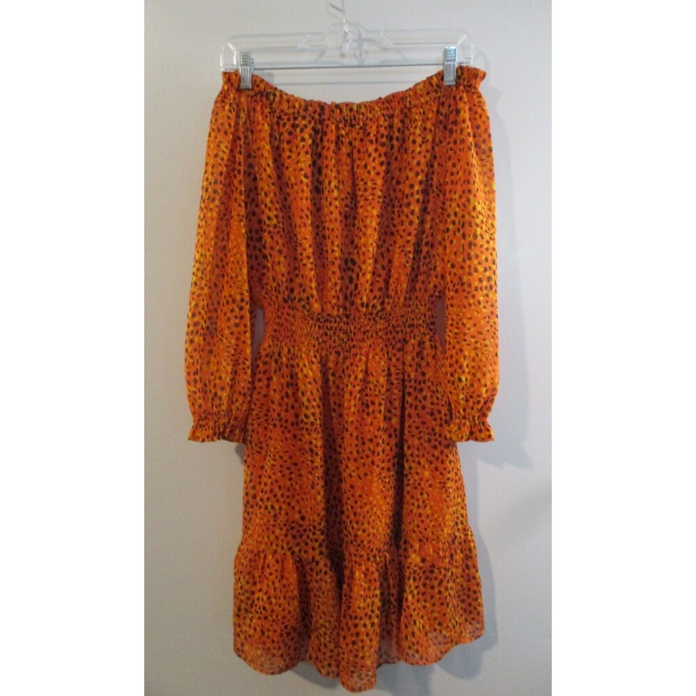 Bar III Womens Sz M Off the Shoulder Knee Length Dress Orange Smocked Chiffon